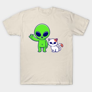 Cute Alien with Cat Cartoon T-Shirt